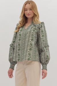 Entro Floral Stripe Long Sleeve V Neck Top In Olive