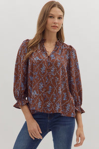 Entro Floral Print Long Sleeve Ruffle Neck Top In Chocolate *COMING SOON*