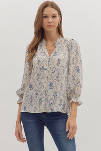 Entro Floral Print Long Sleeve Ruffle Neck Top In Ecru *COMING SOON*