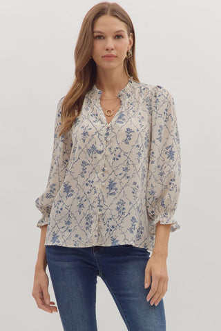 Entro Floral Print Long Sleeve Ruffle Neck Top In Ecru *COMING SOON*