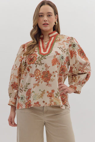 Entro Botanical Print 3/4 Sleeve Top In Ecru PLUS Sizes  *COMING SOON*