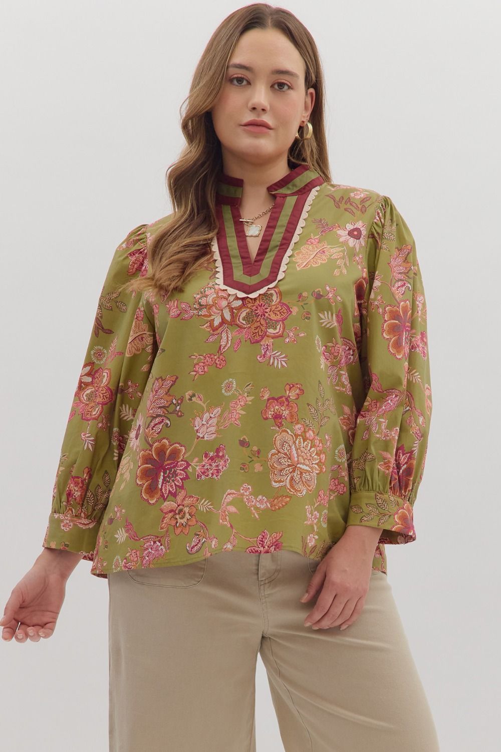 Entro Botanical Print 3/4 Sleeve Top In Olive PLUS Sizes  *COMING SOON*