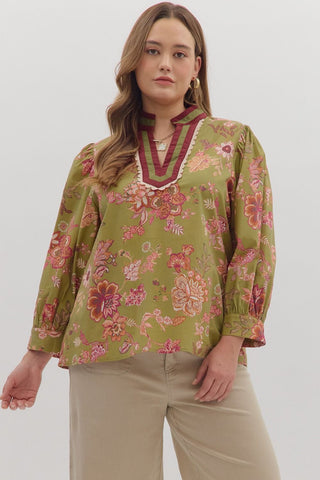 Entro Botanical Print 3/4 Sleeve Top In Olive PLUS Sizes  *COMING SOON*