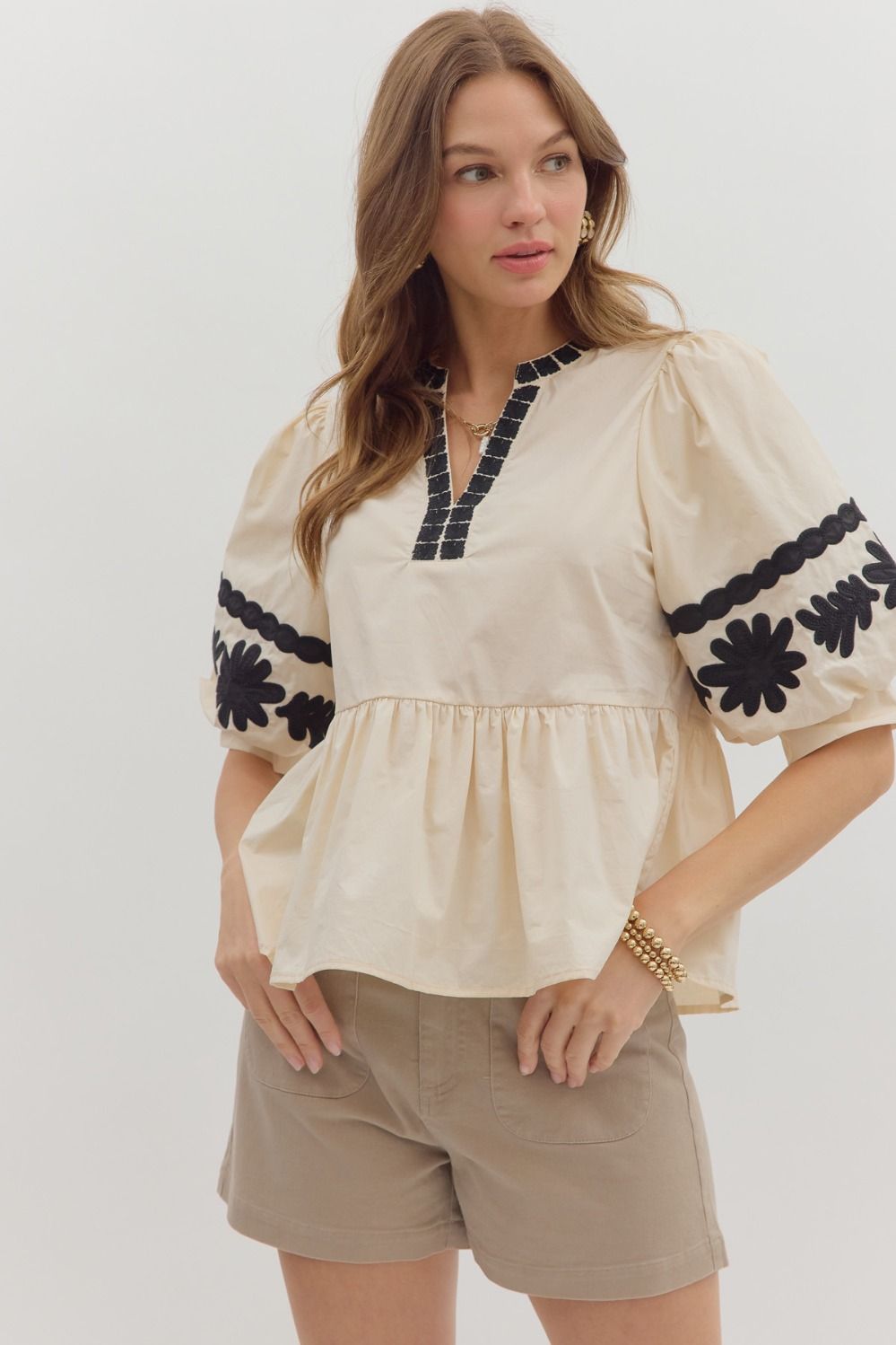 ENTRO Embroidered Bubble Sleeve Top In Ecru *COMING SOON*