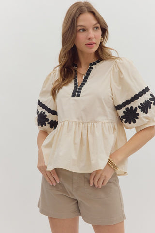 ENTRO Embroidered Bubble Sleeve Top In Ecru *COMING SOON*