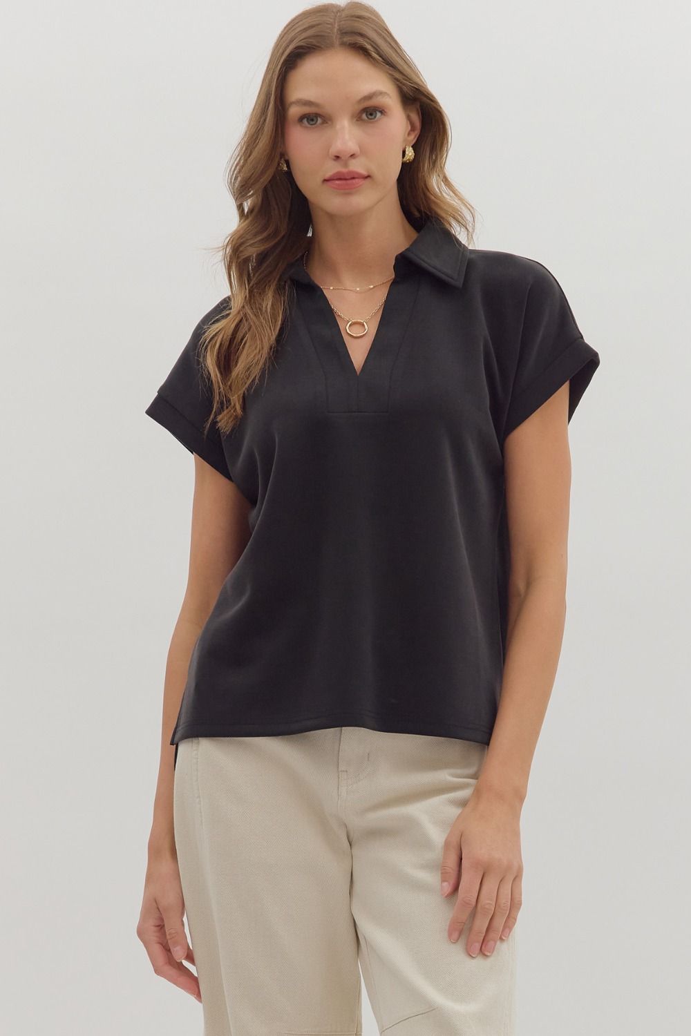 Entro Cuffed Short Sleeve Top With V Neck & Collar In Black *COMING SOON*