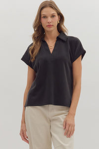 Entro Cuffed Short Sleeve Top With V Neck & Collar In Black *COMING SOON*
