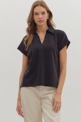 Entro Cuffed Short Sleeve Top With V Neck & Collar In Black *COMING SOON*