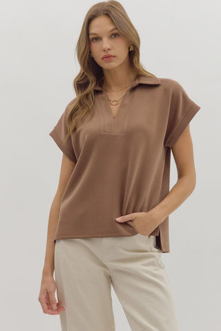 Entro Cuffed Short Sleeve Top With V Neck & Collar In Coffee *COMING SOON*