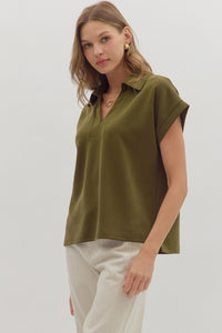 Entro Cuffed Short Sleeve Top With V Neck & Collar In Olive *COMING SOON*
