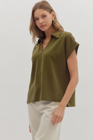 Entro Cuffed Short Sleeve Top With V Neck & Collar In Olive *COMING SOON*
