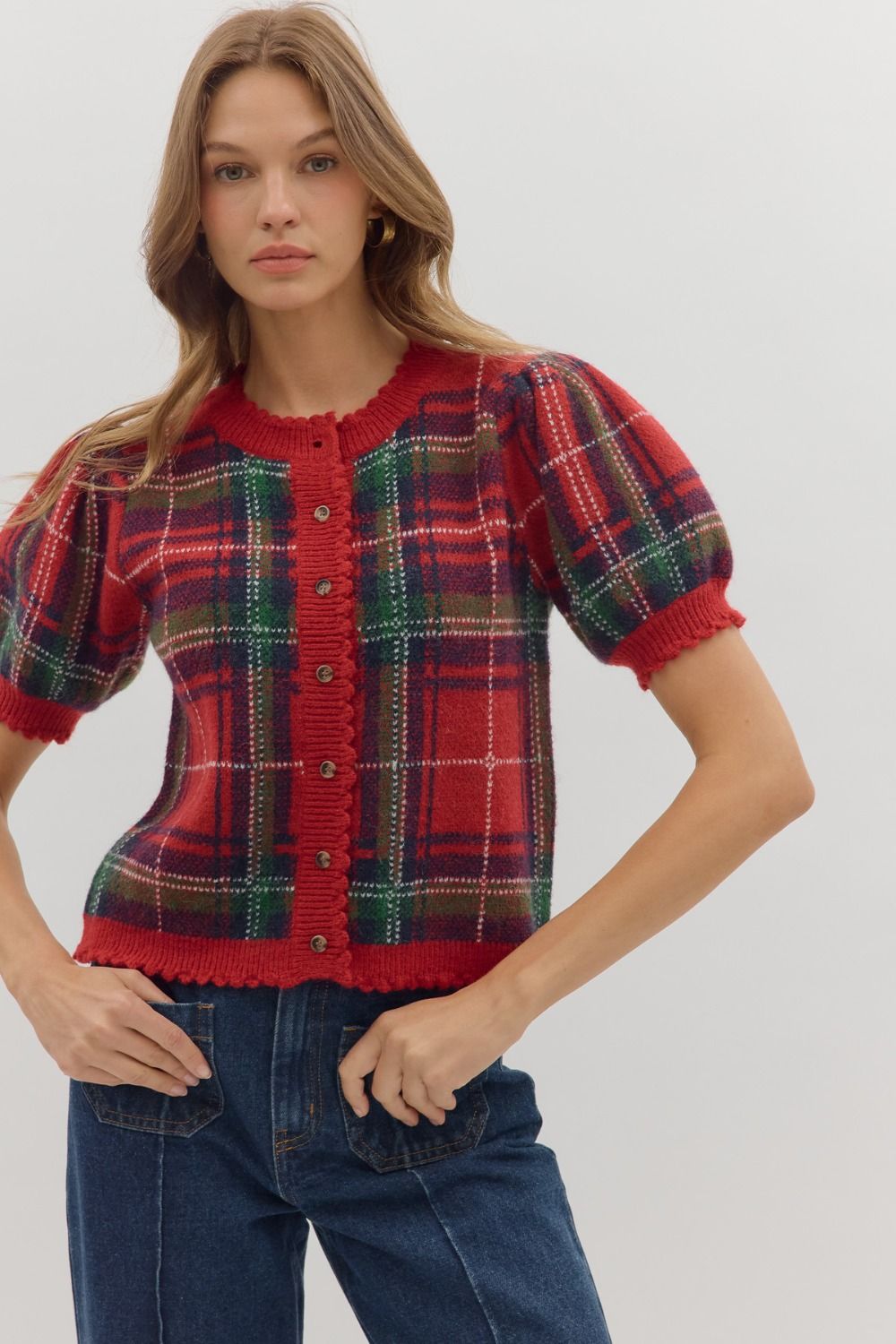 Entro Plaid Short Puff Sleeve Sweater Top In Red *COMING SOON*