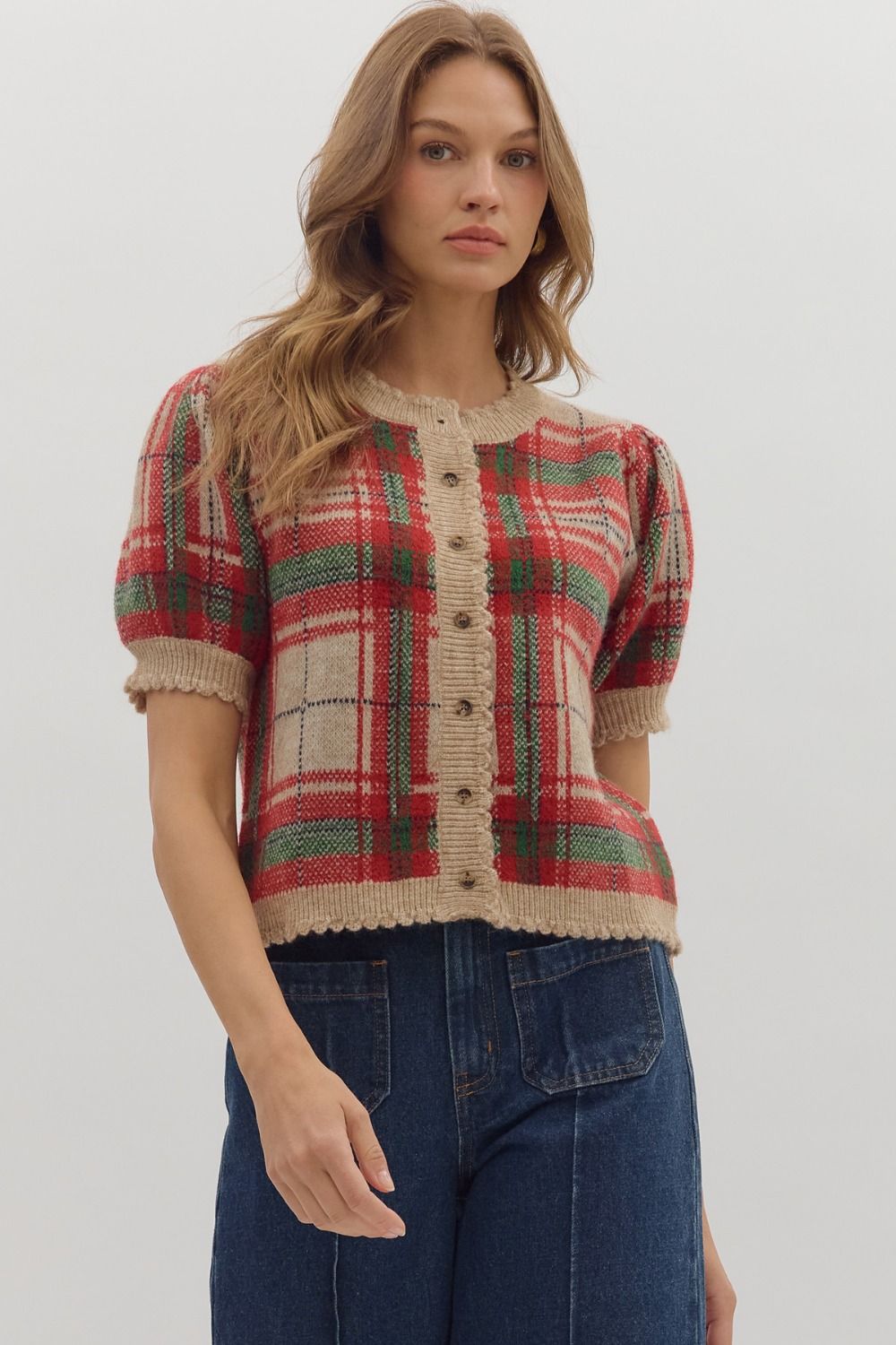 Entro Plaid Short Puff Sleeve Sweater Top In Taupe *COMING SOON*