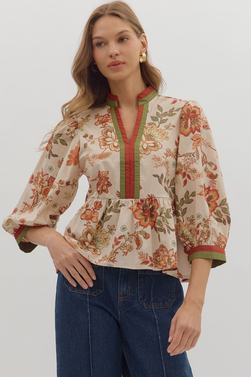Entro Botanical Print 3/4 Sleeve Top With Contrast Binding In Ecru *COMING SOON*