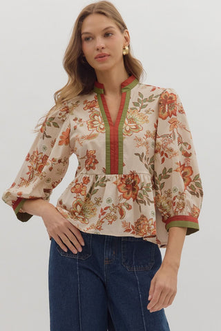 Entro Botanical Print 3/4 Sleeve Top With Contrast Binding In Ecru *COMING SOON*