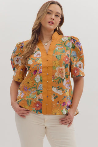 Entro Floral Print Puff Sleeve Button Down Top In Pumpkin PLUS Sizes *COMING SOON*