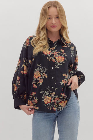 Entro Floral Long Sleeve Button Up Top In Black *COMING SOON*