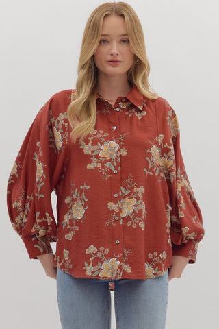 Entro Floral Long Sleeve Button Up Top In Brick *COMING SOON*