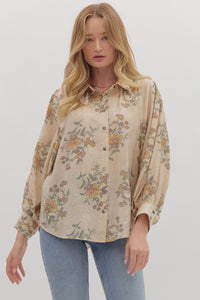Entro Floral Long Sleeve Button Up Top In Ecru *COMING SOON*