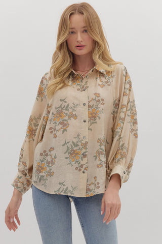 Entro Floral Long Sleeve Button Up Top In Ecru *COMING SOON*