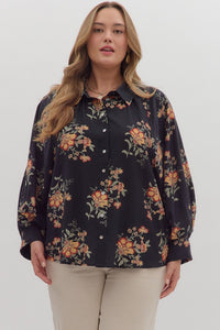 Entro Floral Long Sleeve Button Up Top In PLUS Sizes In Black *COMING SOON*