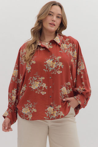 Entro Floral Long Sleeve Button Up Top In PLUS Sizes In Brick *COMING SOON*