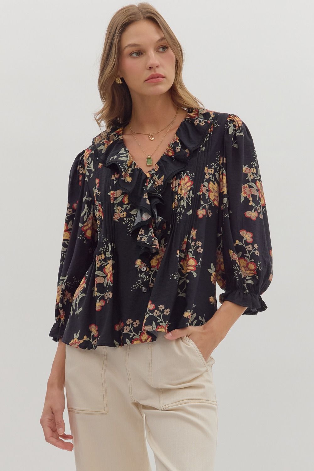 Entro Floral Print 3/4 Sleeve Top With Ruffle Neckline In Black