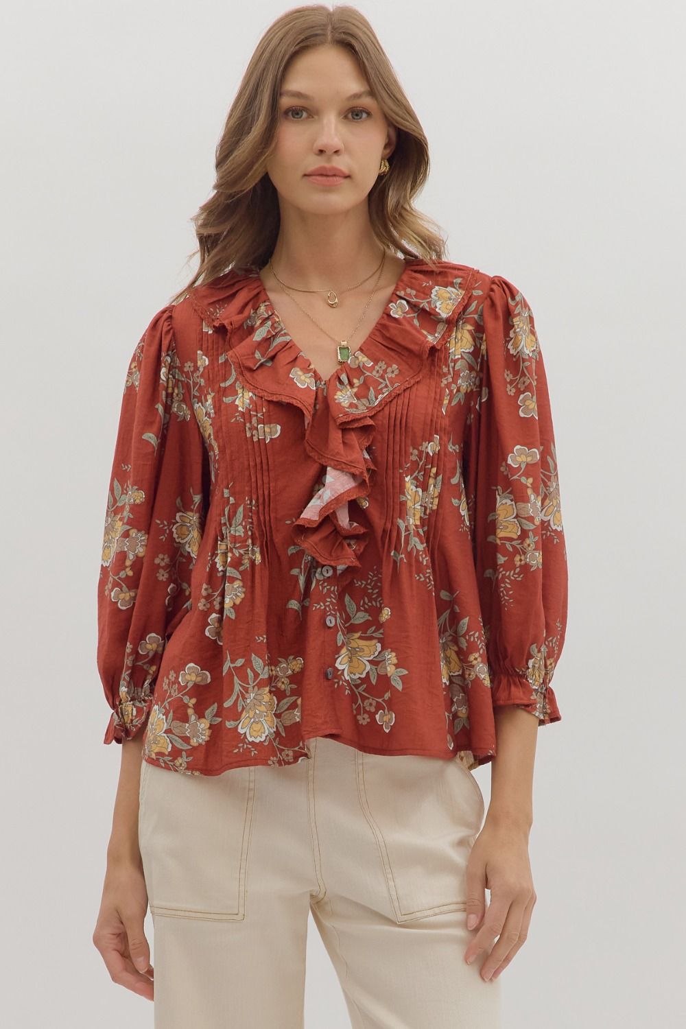 Entro Floral Print 3/4 Sleeve Top With Ruffle Neckline In Brick