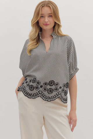 Entro Striped Dolman Top With Embroidered Scalloped Trim In Black *COMING SOON*