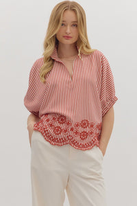 Entro Striped Dolman Top With Embroidered Scalloped Trim In Brick *COMING SOON*