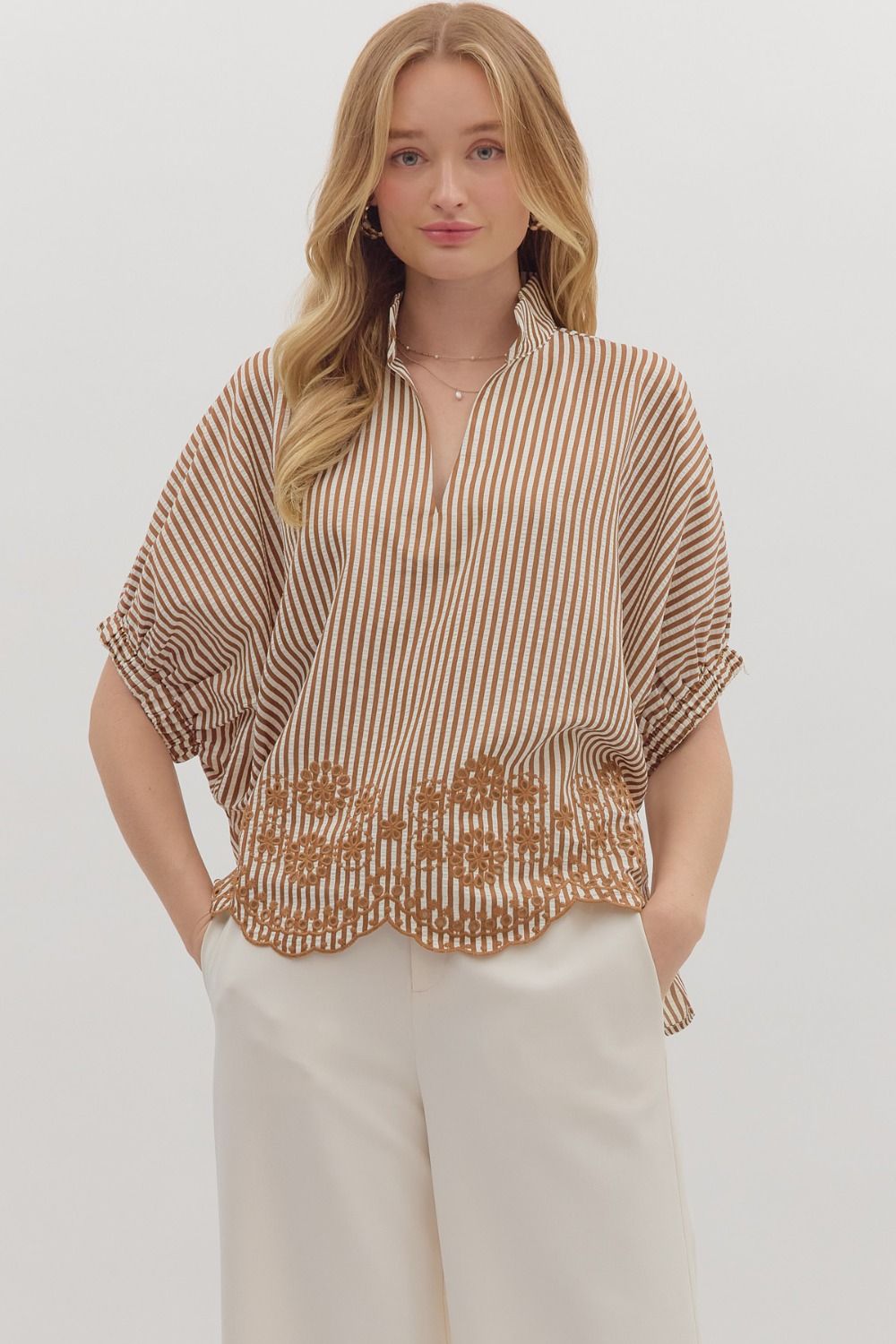 Entro Striped Dolman Top With Embroidered Scalloped Trim In Caramel