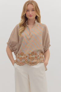 Entro Striped Dolman Top With Embroidered Scalloped Trim In Caramel *COMING SOON*
