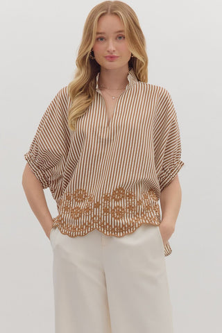 Entro Striped Dolman Top With Embroidered Scalloped Trim In Caramel *COMING SOON*