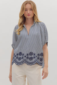 Entro Striped Dolman Top With Embroidered Scalloped Trim In Navy *COMING SOON*