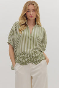 Entro Striped Dolman Top With Embroidered Scalloped Trim In Olive