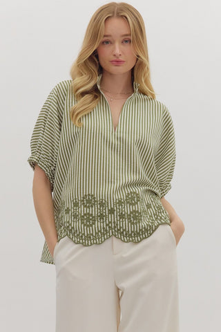 Entro Striped Dolman Top With Embroidered Scalloped Trim In Olive