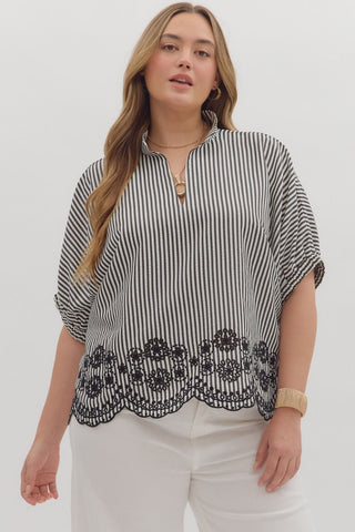 Entro Striped Dolman Top With Embroidered Scalloped Trim In Black PLUS Sizes *COMING SOON*