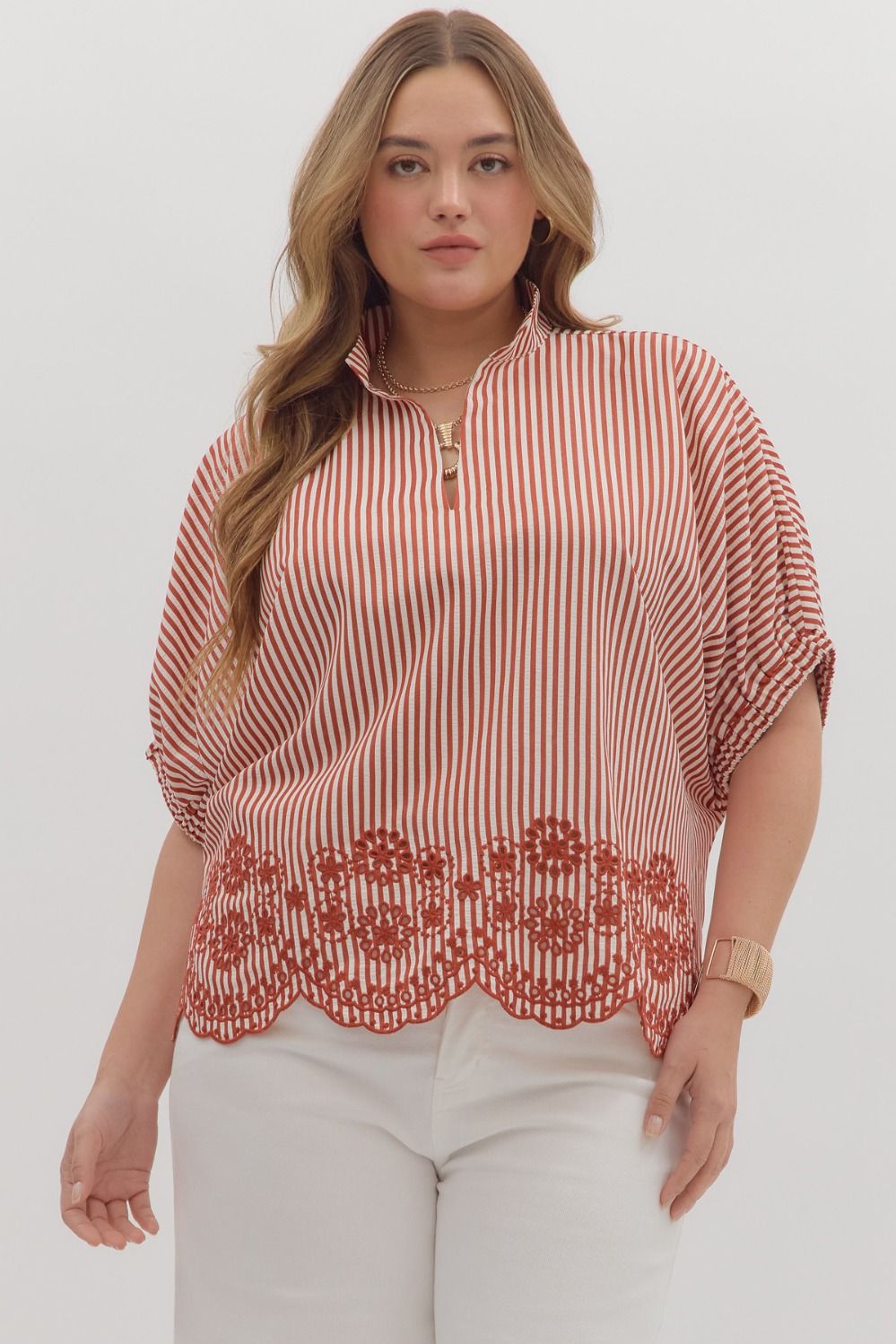 Entro Striped Dolman Top With Embroidered Scalloped Trim In Brick PLUS Sizes
