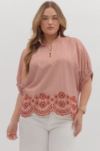 Entro Striped Dolman Top With Embroidered Scalloped Trim In Brick PLUS Sizes *COMING SOON*