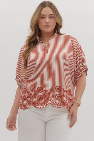 Entro Striped Dolman Top With Embroidered Scalloped Trim In Brick PLUS Sizes *COMING SOON*