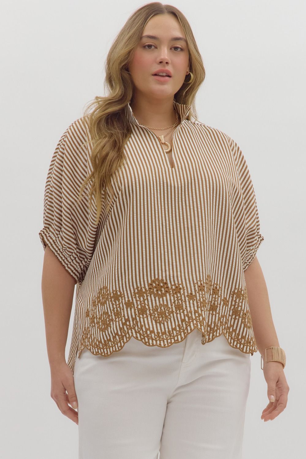 Entro Striped Dolman Top With Embroidered Scalloped Trim In Caramel PLUS Sizes