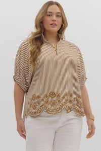 Entro Striped Dolman Top With Embroidered Scalloped Trim In Caramel PLUS Sizes *COMING SOON*