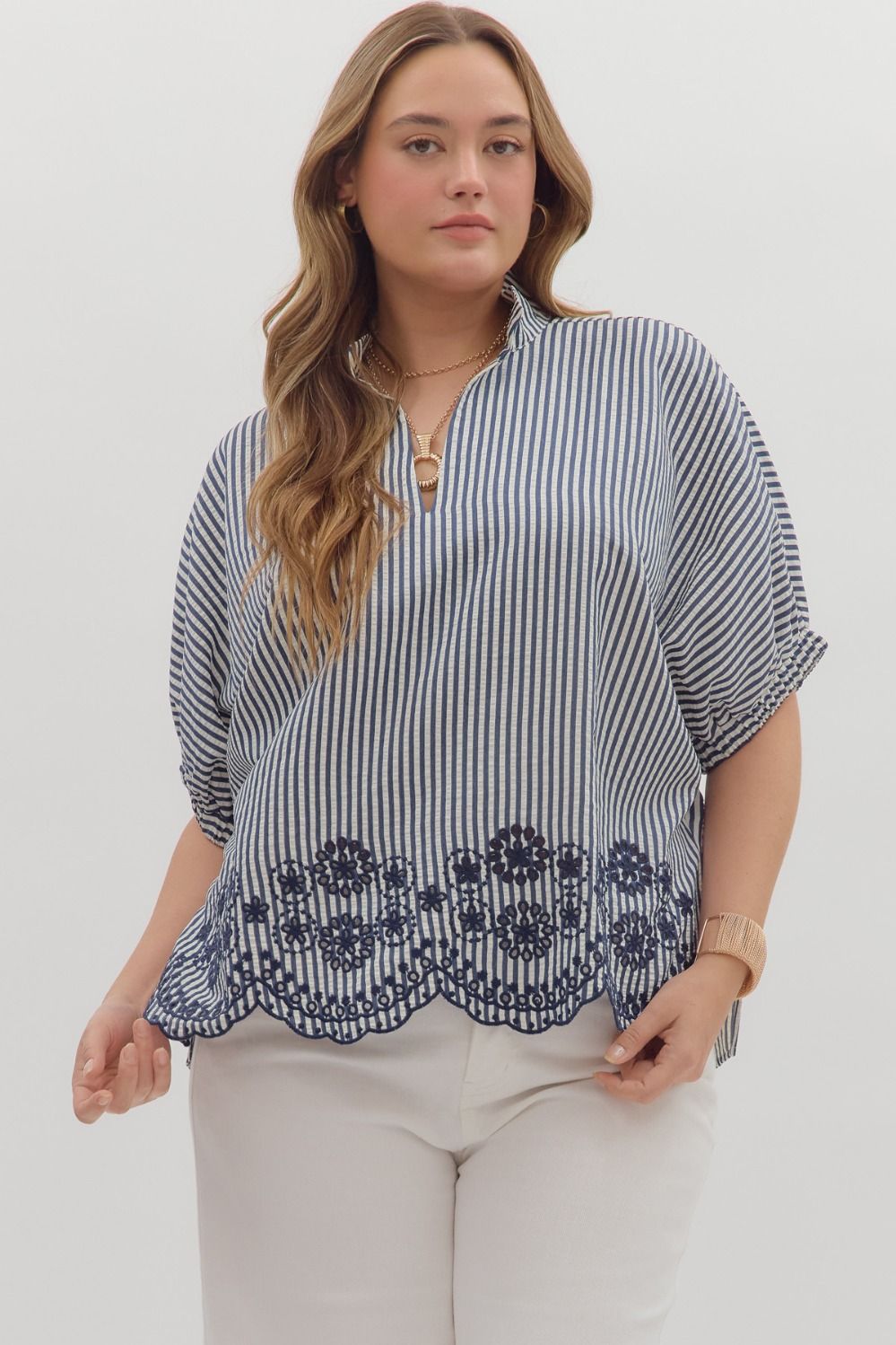 Entro Striped Dolman Top With Embroidered Scalloped Trim In Navy PLUS Sizes