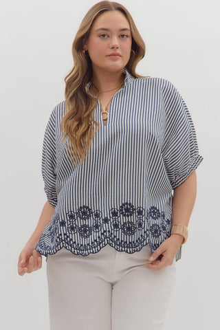 Entro Striped Dolman Top With Embroidered Scalloped Trim In Navy PLUS Sizes *COMING SOON*