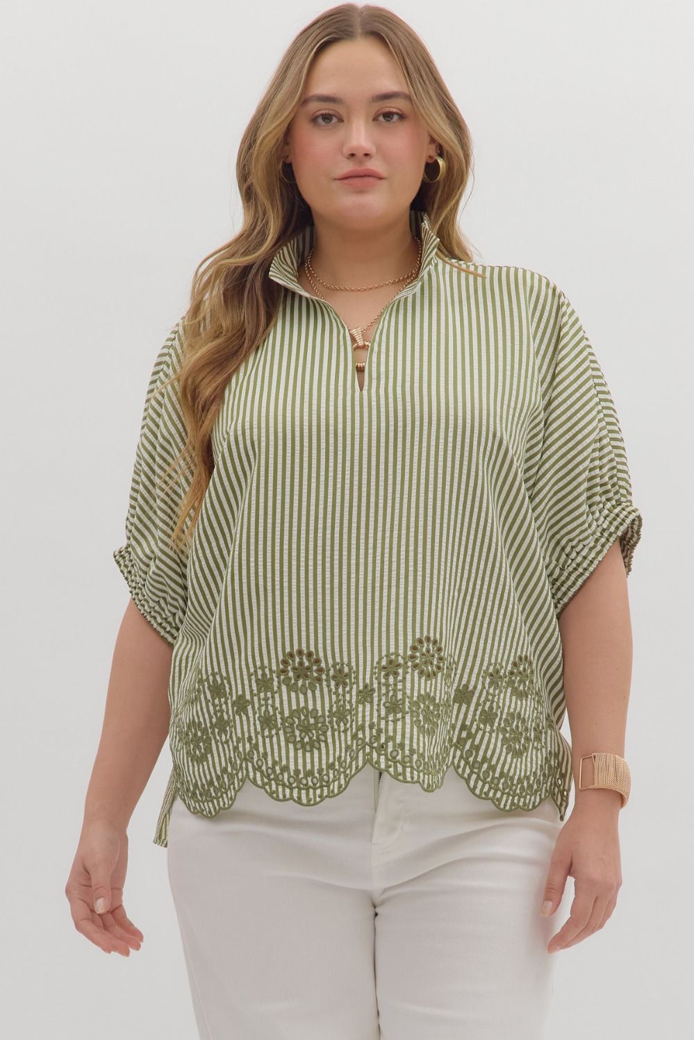 Entro Striped Dolman Top With Embroidered Scalloped Trim In Olive PLUS Sizes