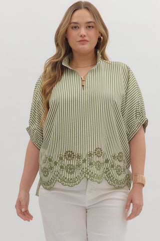 Entro Striped Dolman Top With Embroidered Scalloped Trim In Olive PLUS Sizes *COMING SOON*