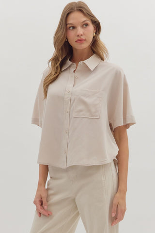 Entro Short Sleeve Button Front Top With Chest Pocket In Ecru