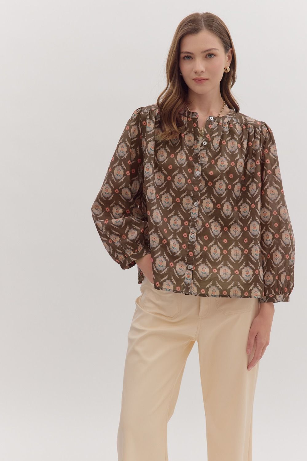 Entro Botanical Long Sleeve Button Down In Brown *COMING SOON*