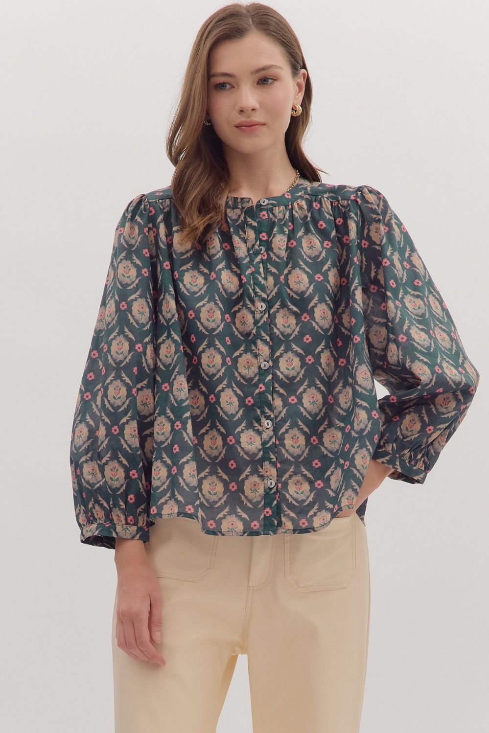 Entro Botanical Long Sleeve Button Down In Teal Green *COMING SOON*