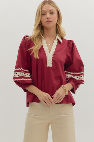 Entro 3/4 Sleeve Top With RicRac Trim In Garnet *COMING SOON*